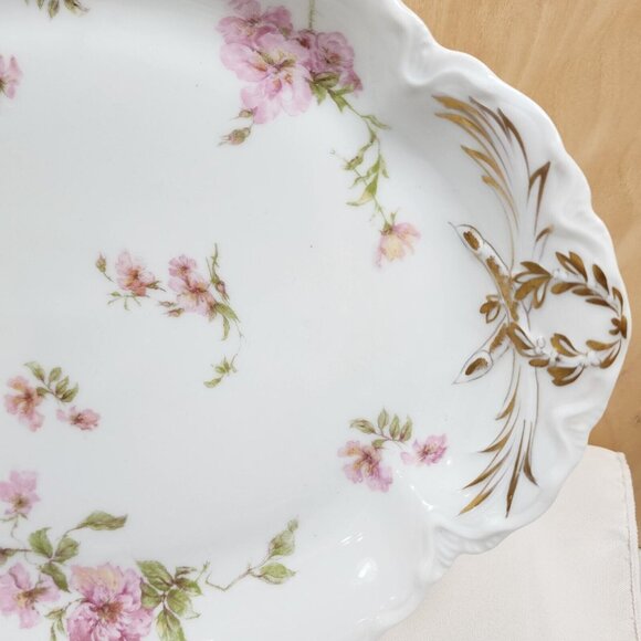 Theodore Haviland Limoges Platter 14x10" Schleiger 144 Green Scrolls Pink Rose - Picture 2 of 10